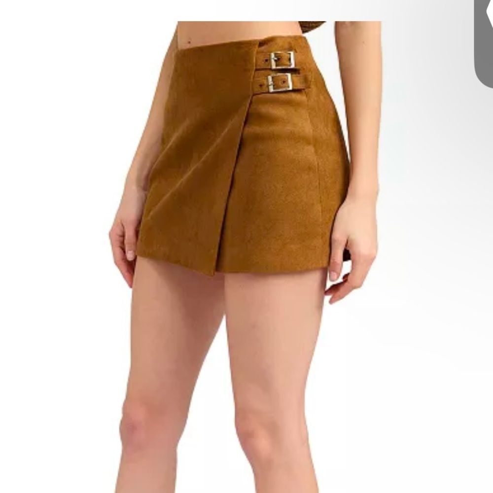 Brown Suede Mini Skirt with Buckle Detail